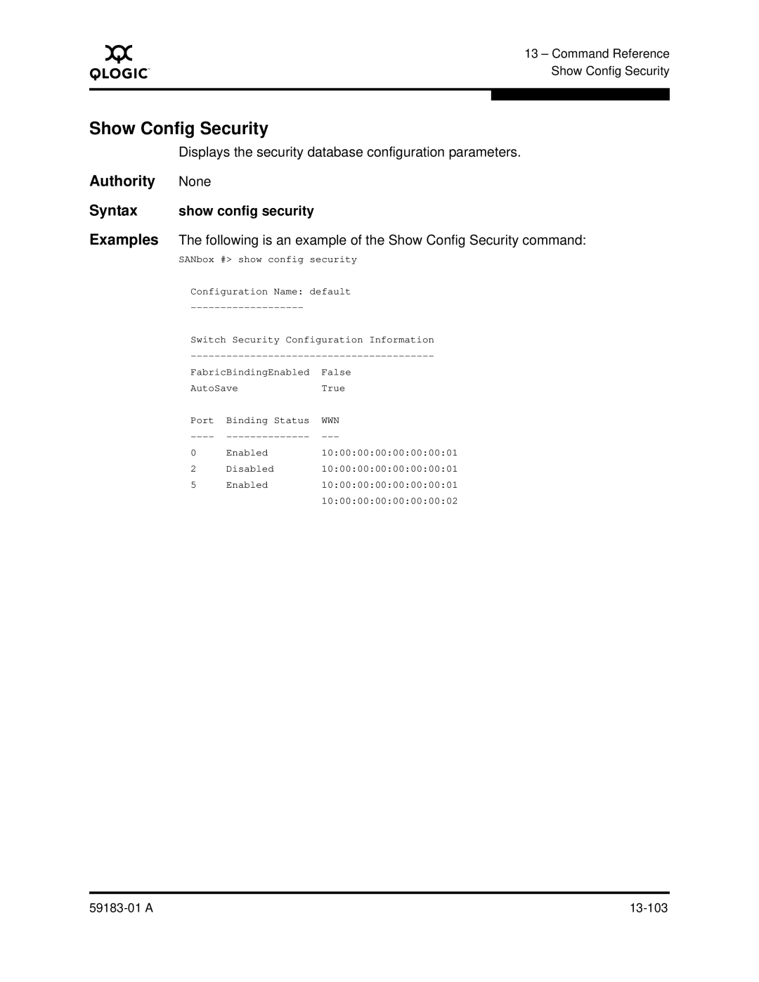 Q-Logic 5602 Show Config Security, Displays the security database configuration parameters, Syntax show config security 