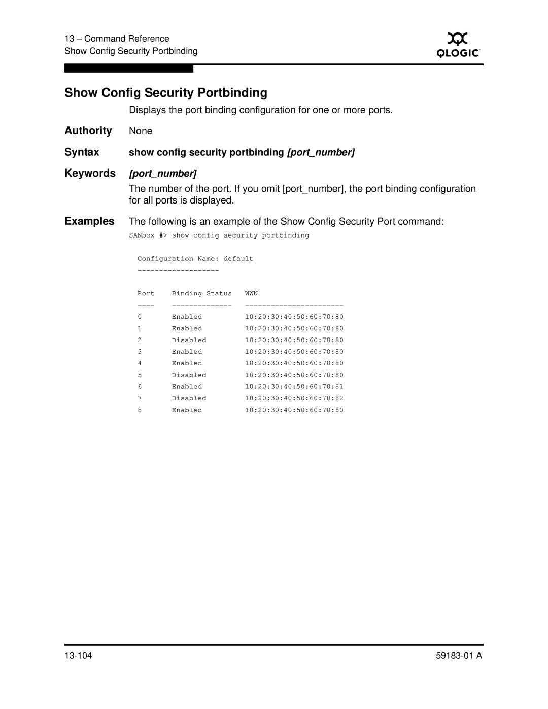 Q-Logic 5602 manual Show Config Security Portbinding, Show config security portbinding portnumber 