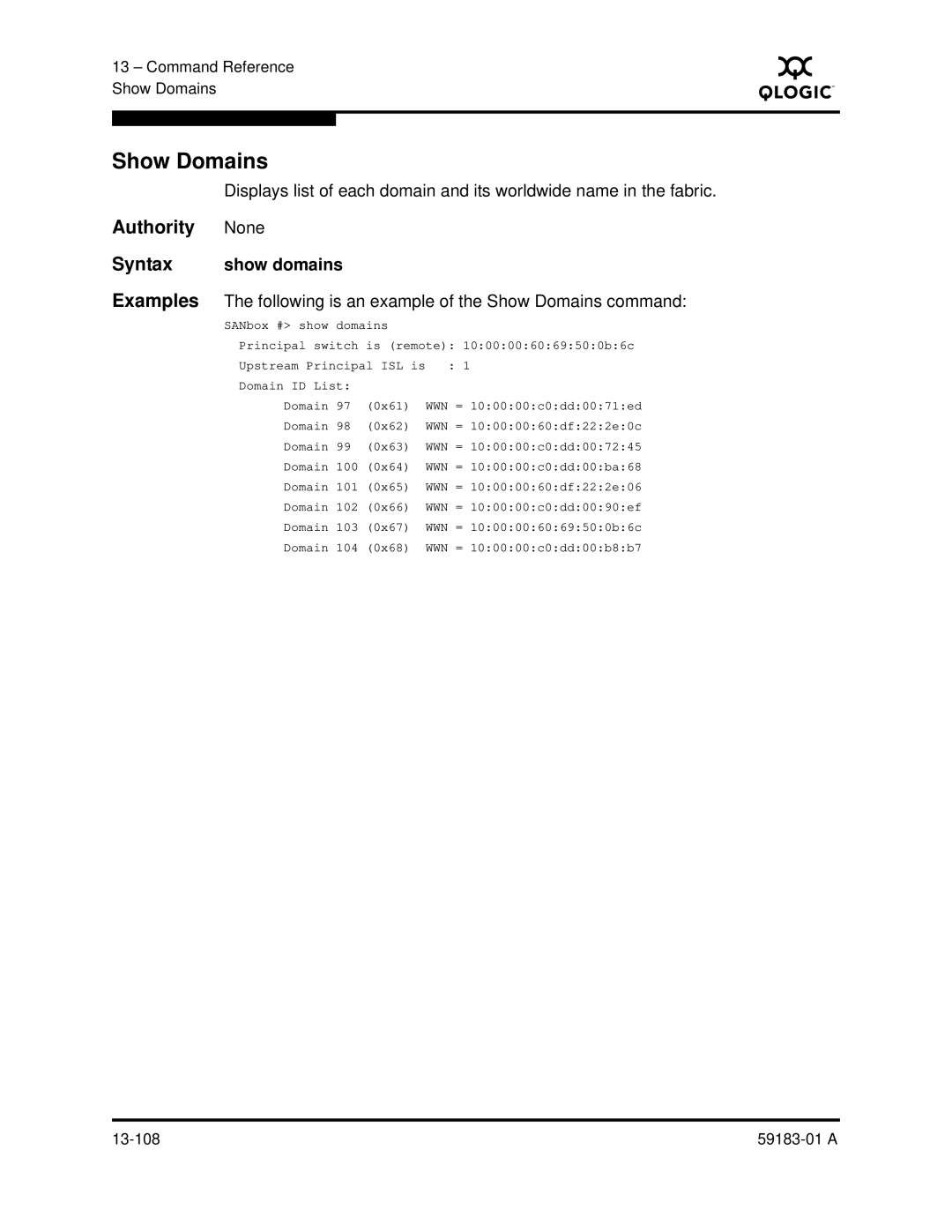 Q-Logic 5602 manual Show Domains, Syntax show domains 