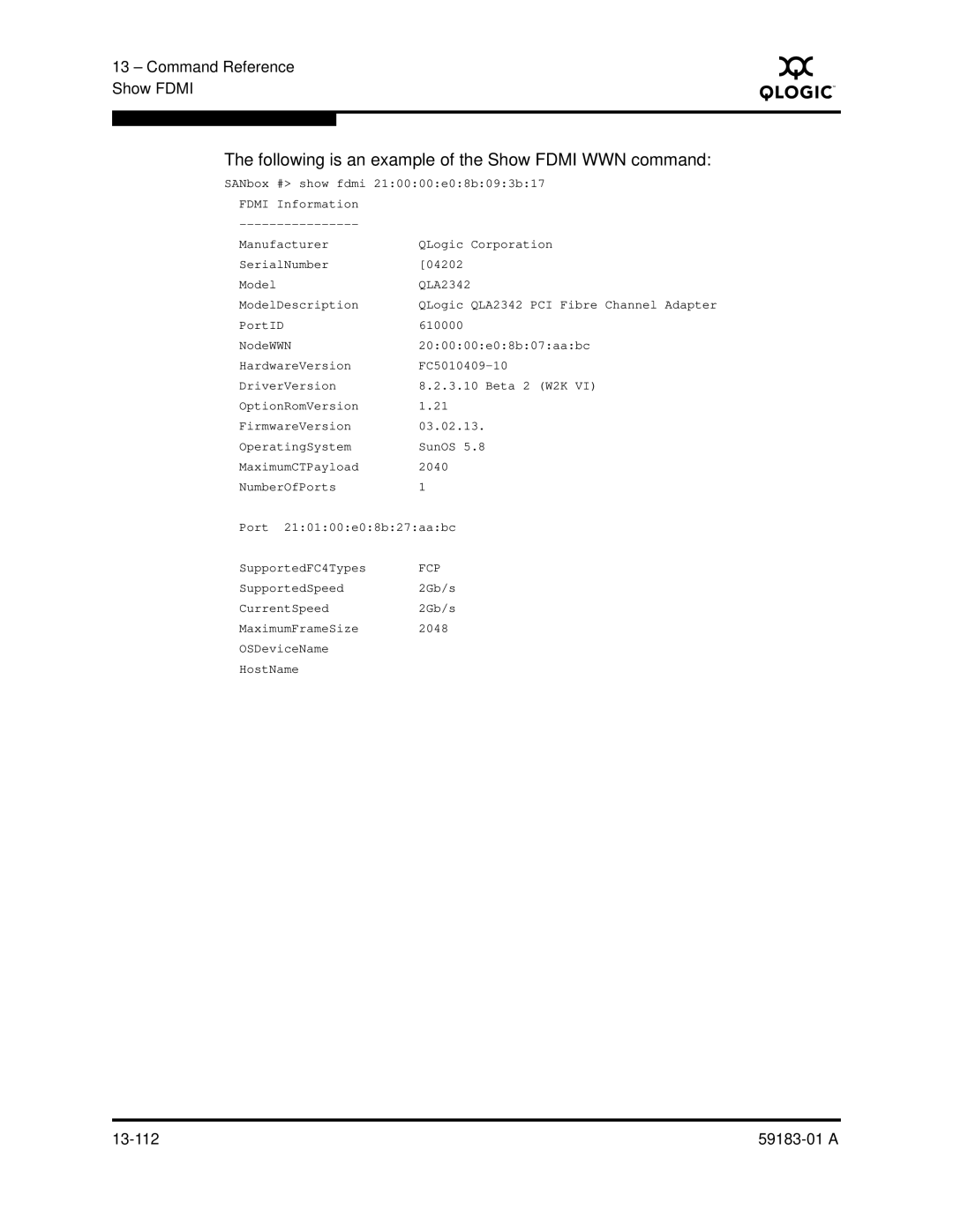 Q-Logic 5602 manual Following is an example of the Show Fdmi WWN command 