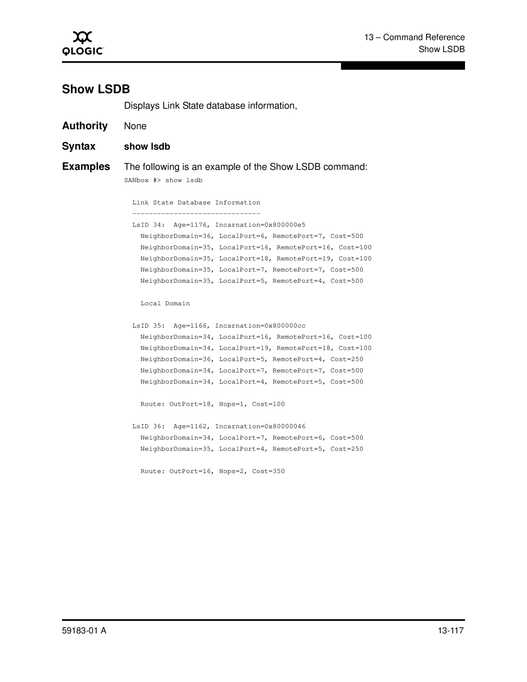 Q-Logic 5602 manual Show Lsdb, Displays Link State database information, Show lsdb 