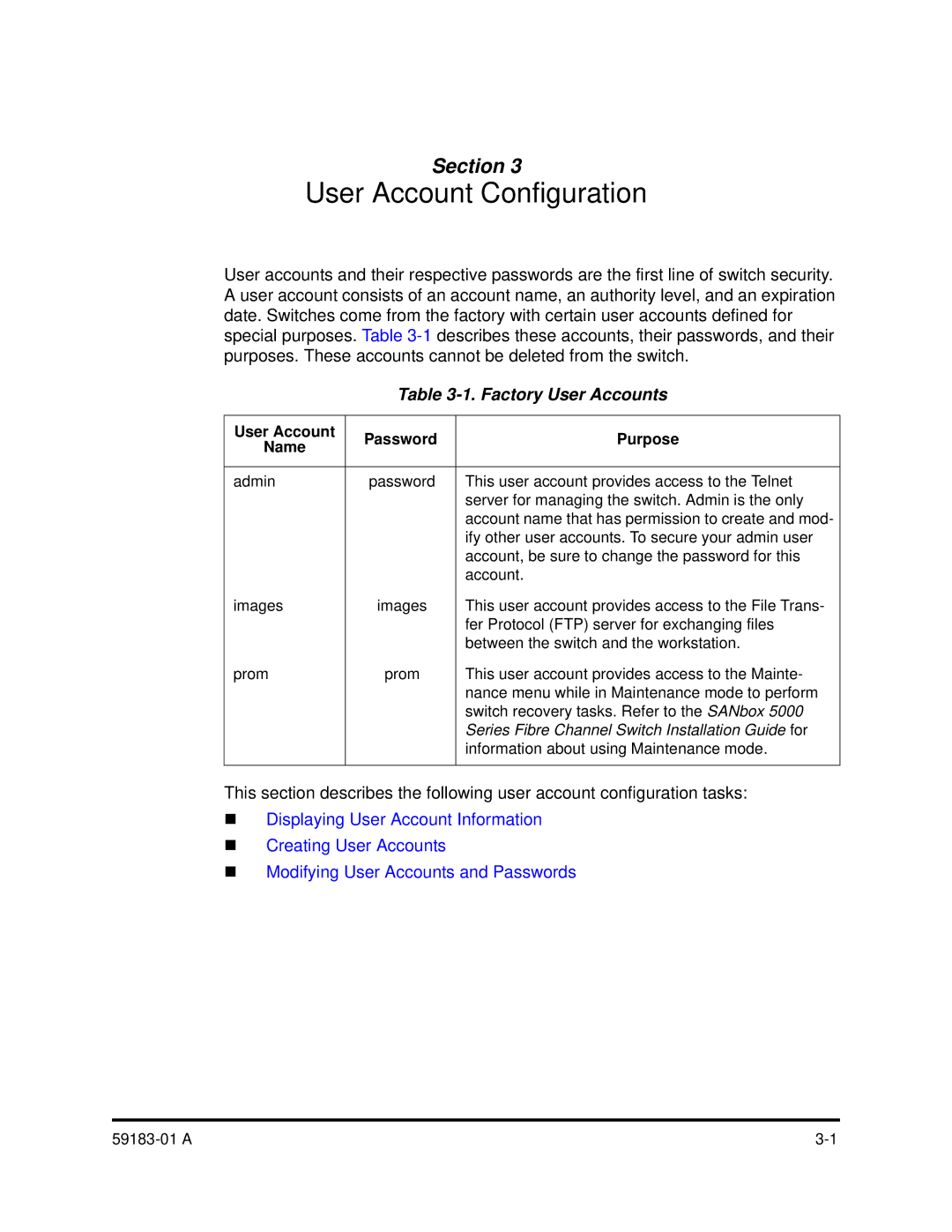 Q-Logic 5602 manual User Account Configuration, Factory User Accounts 