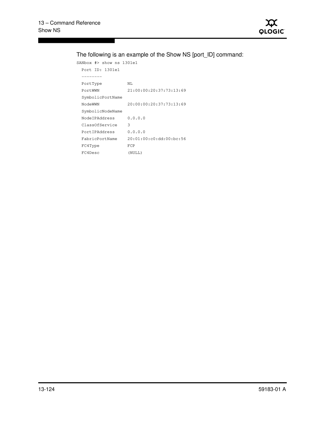 Q-Logic 5602 manual Following is an example of the Show NS portID command 