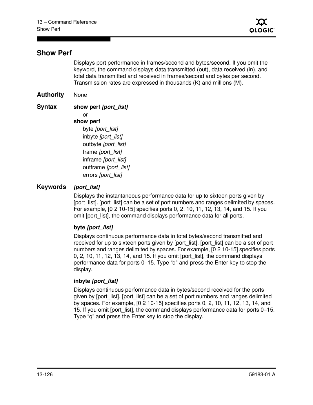 Q-Logic 5602 manual Show Perf, Syntax show perf portlist, Keywords portlist, Byte portlist, Inbyte portlist 