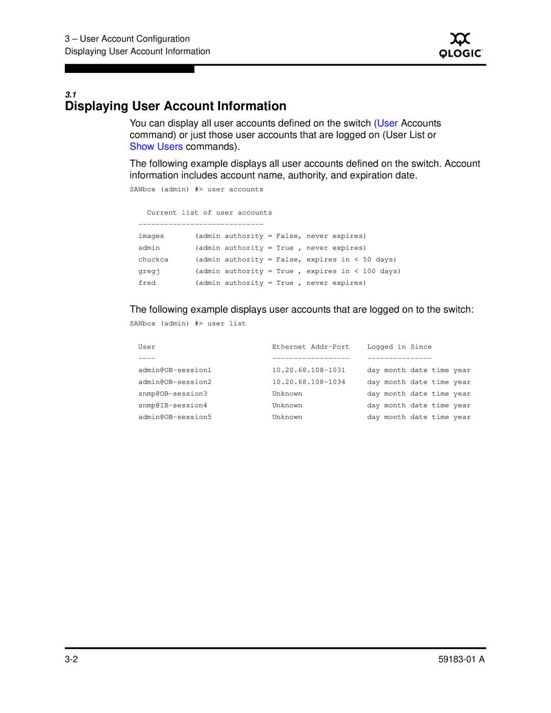 Q-Logic 5602 manual Displaying User Account Information 