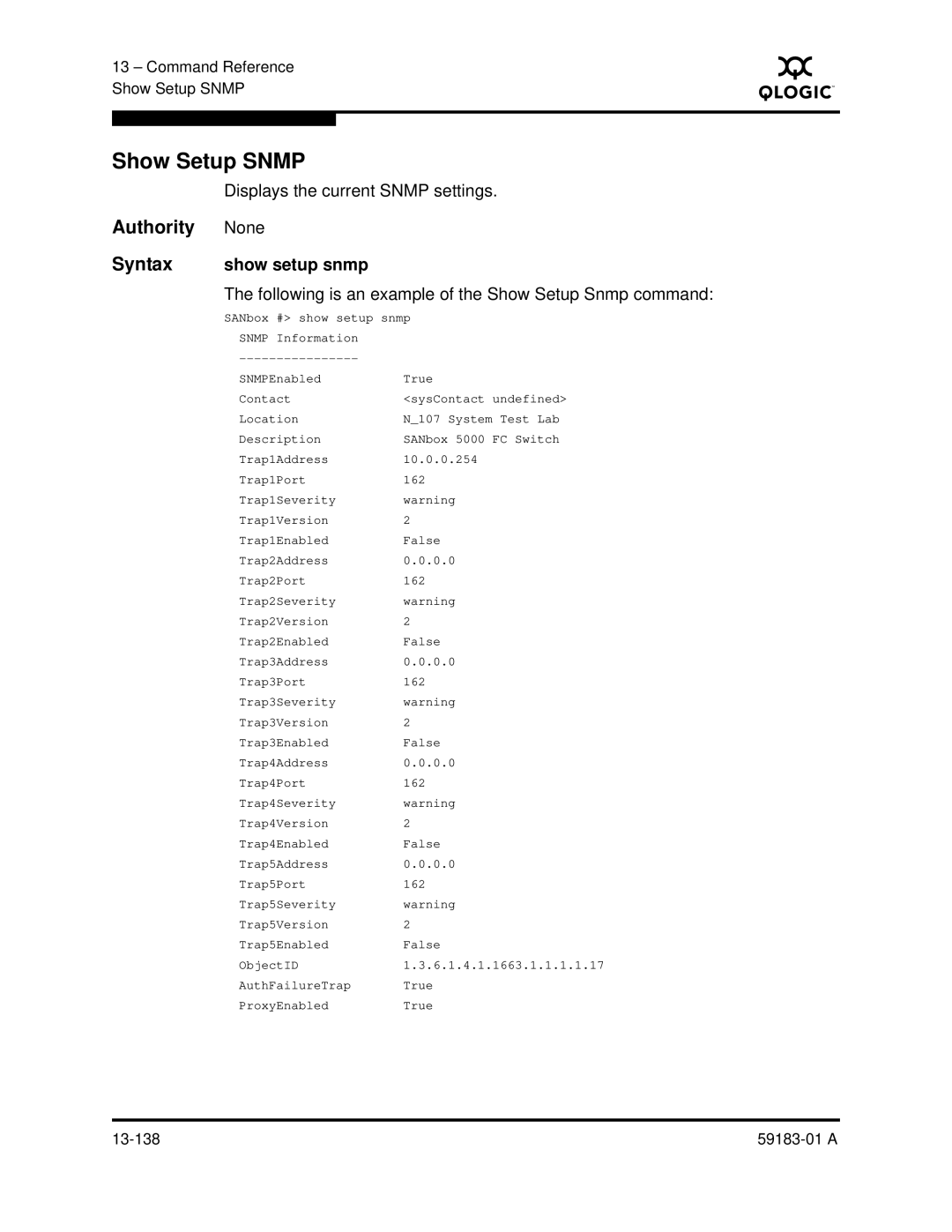 Q-Logic 5602 manual Show Setup Snmp, Displays the current Snmp settings, Syntax show setup snmp 