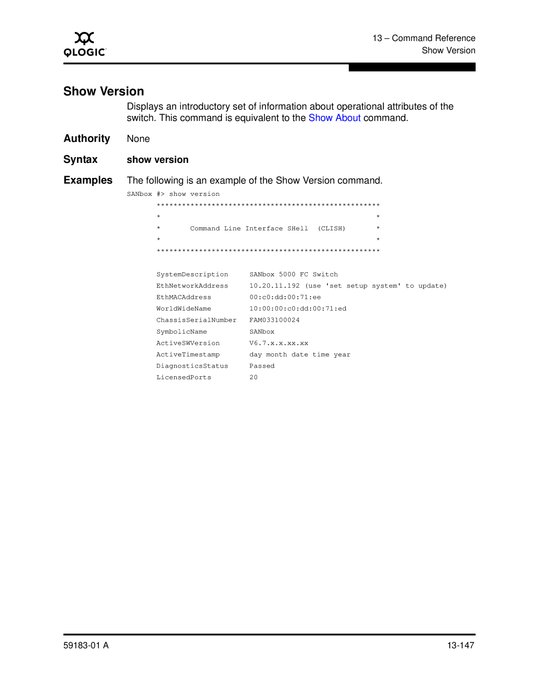 Q-Logic 5602 manual Show Version 