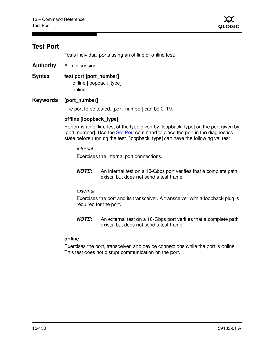 Q-Logic 5602 manual Test Port, Syntax test port portnumber, Offline loopbacktype, Online 