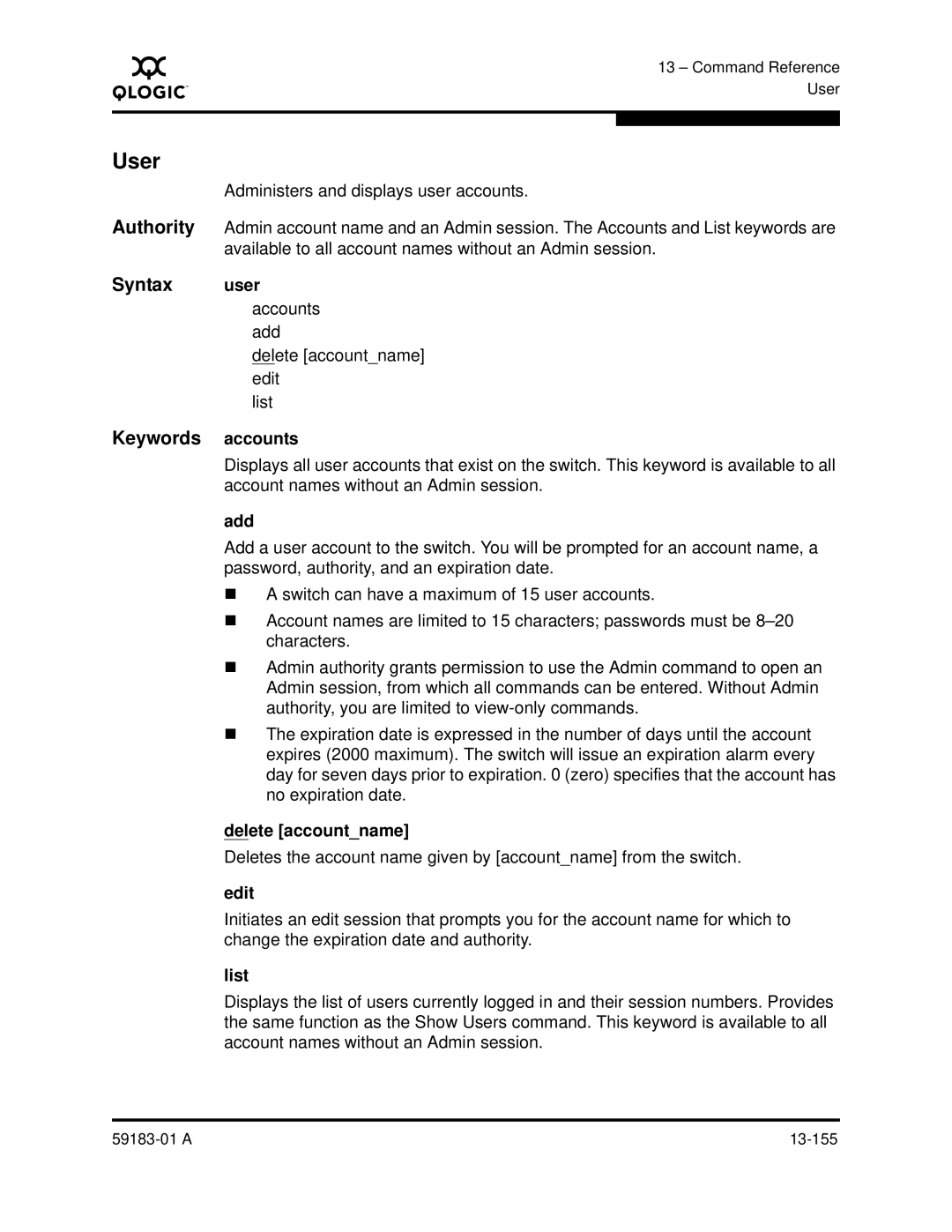 Q-Logic 5602 manual User, Syntax user, Keywords accounts, Add, Delete accountname 