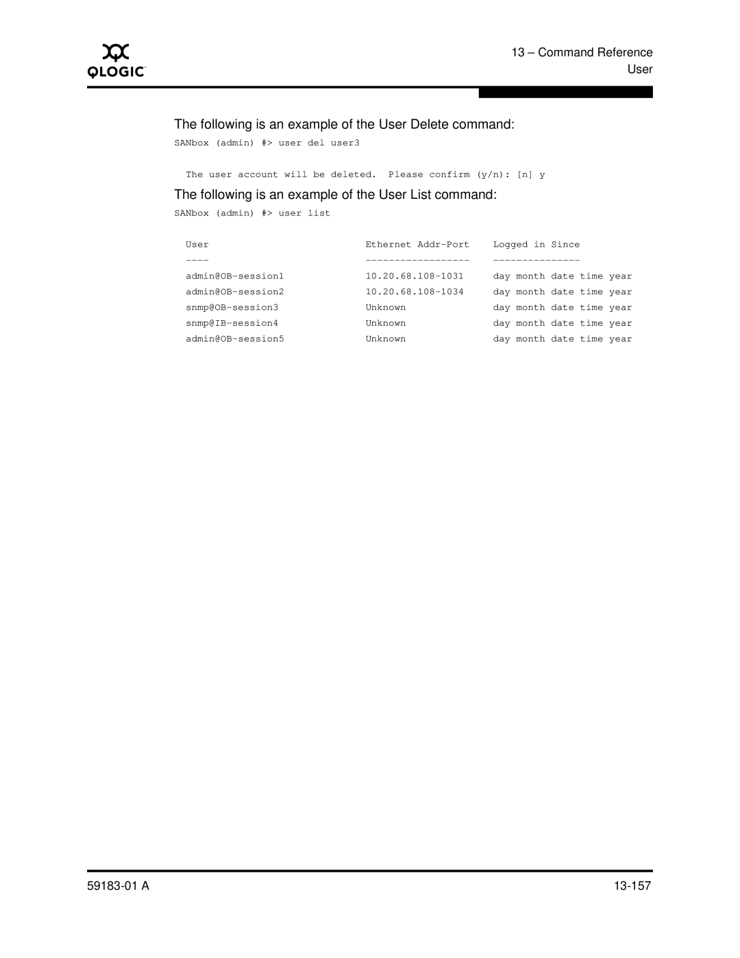 Q-Logic 5602 manual Following is an example of the User Delete command, Following is an example of the User List command 