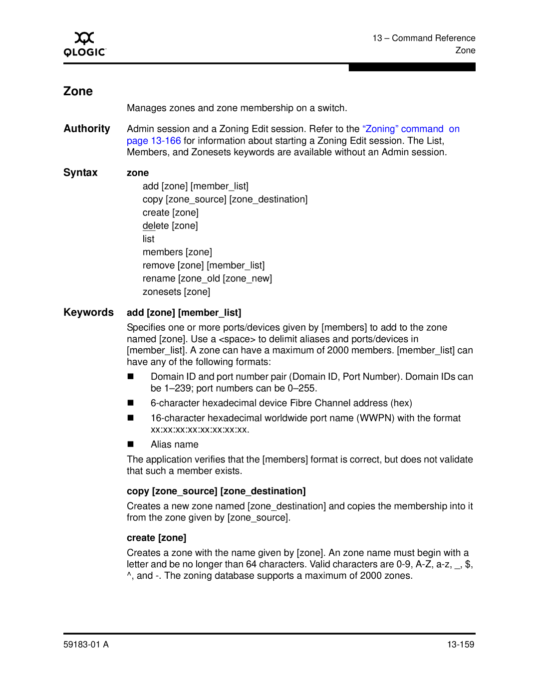 Q-Logic 5602 manual Zone, Syntax zone, Keywords add zone memberlist, Copy zonesource zonedestination, Create zone 