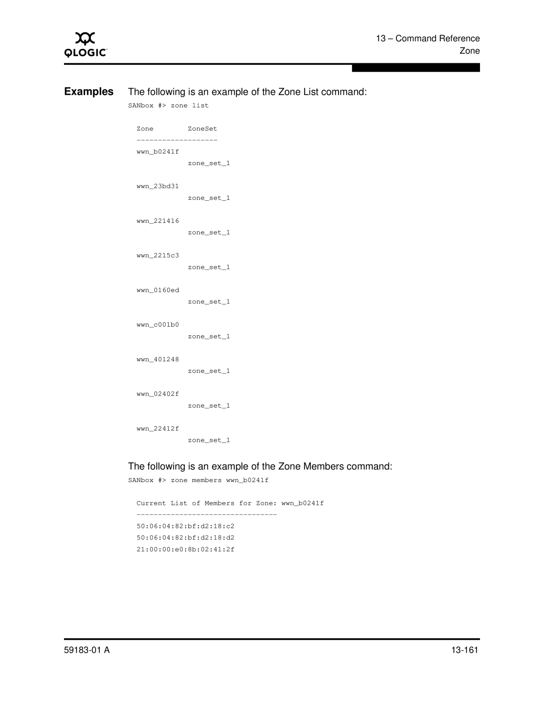 Q-Logic 5602 manual Following is an example of the Zone Members command 