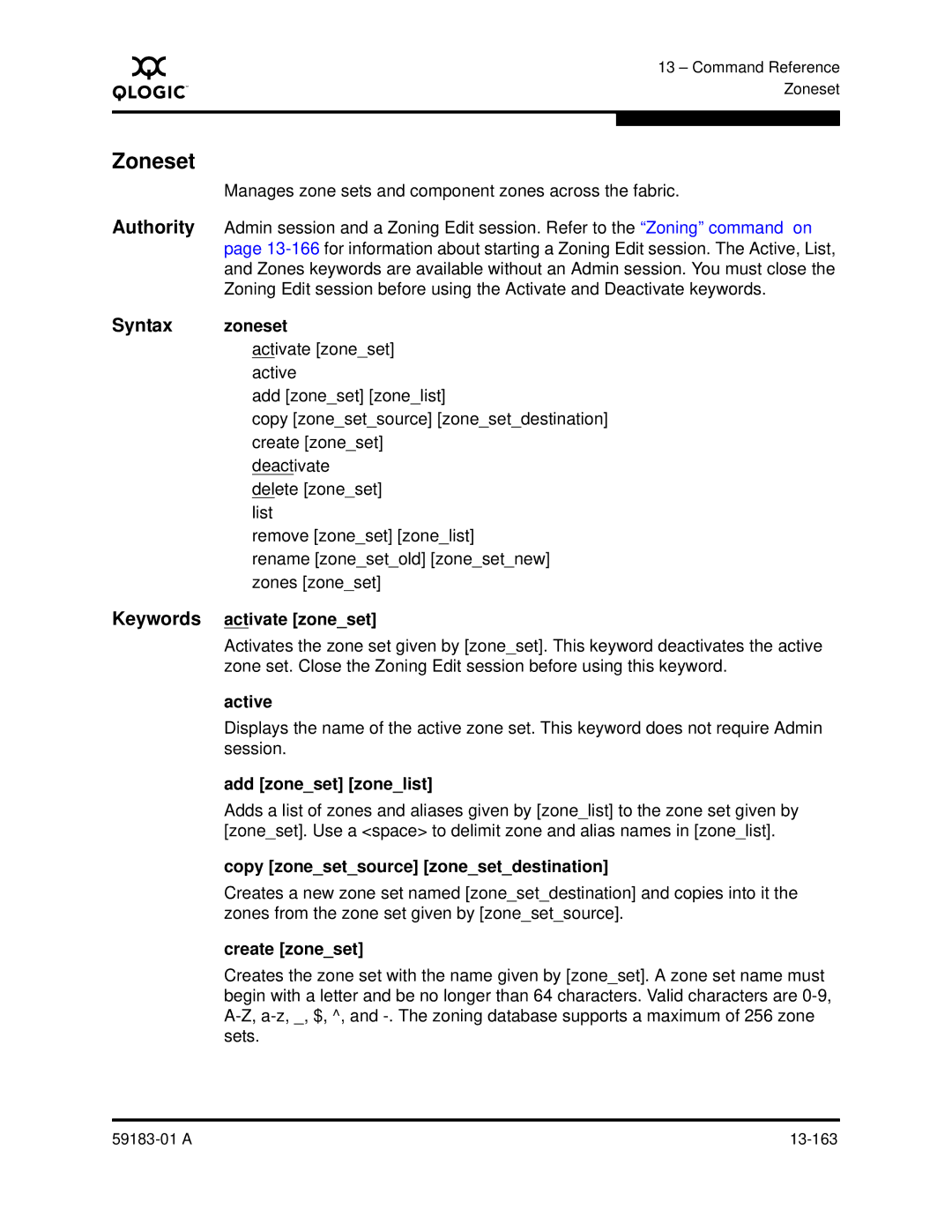 Q-Logic 5602 manual Zoneset, Syntax zoneset 