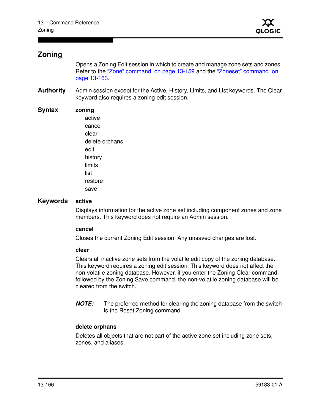 Q-Logic 5602 manual Zoning, Syntax zoning, Delete orphans 