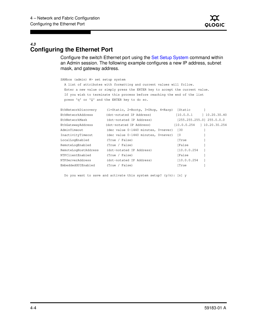 Q-Logic 5602 manual Configuring the Ethernet Port 