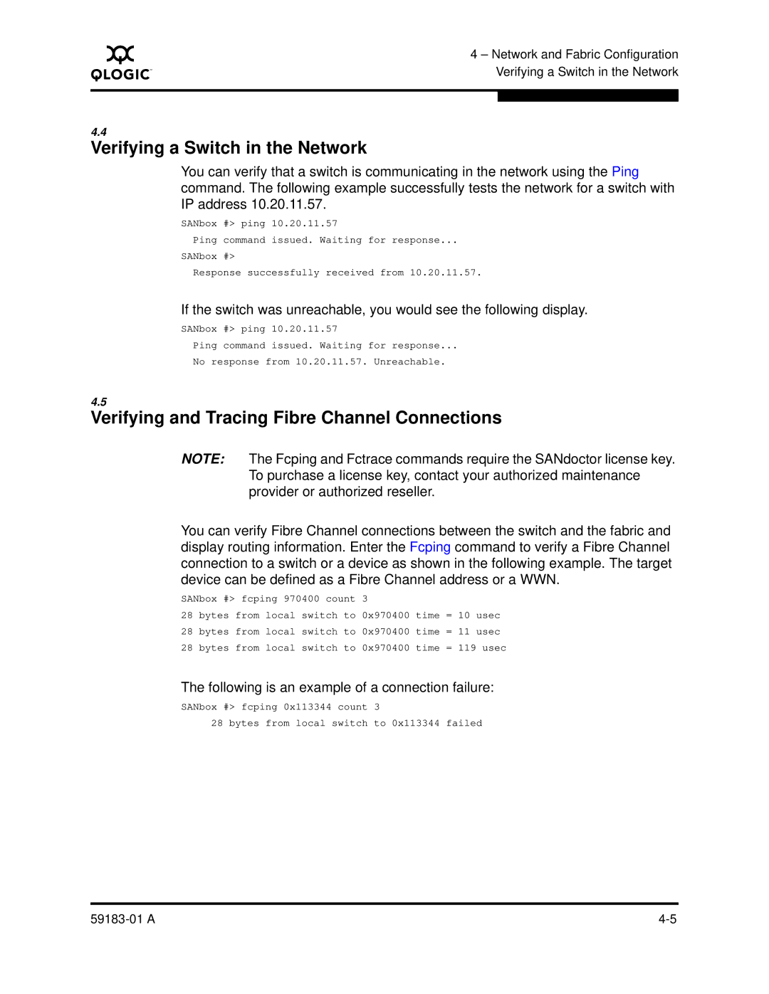 Q-Logic 5602 manual Verifying a Switch in the Network, Verifying and Tracing Fibre Channel Connections 