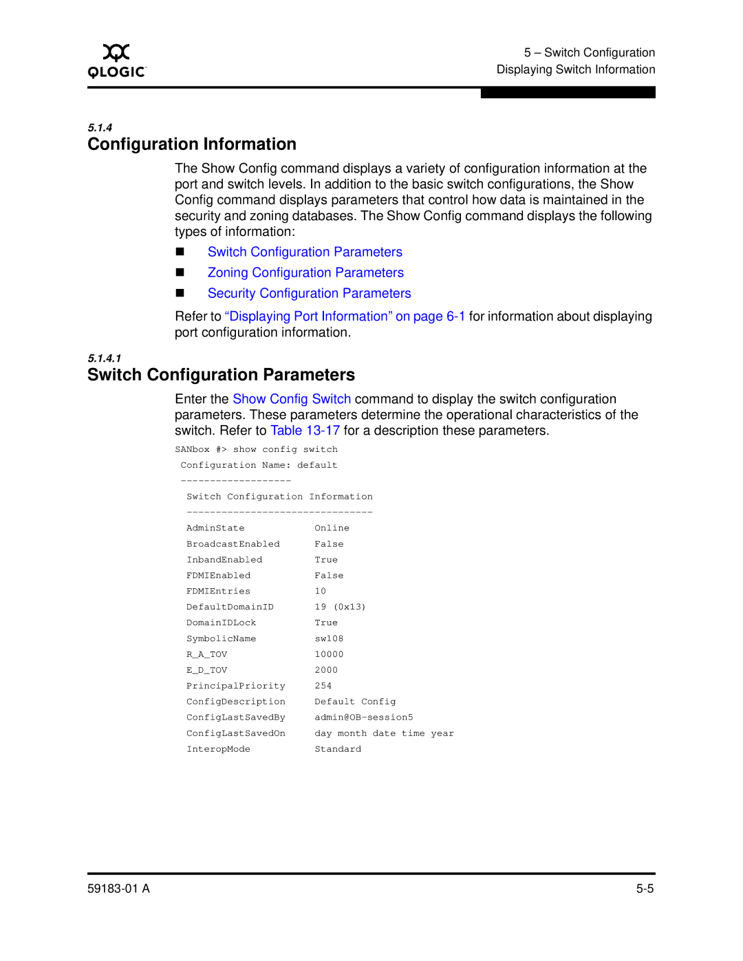 Q-Logic 5602 manual Configuration Information, Switch Configuration Parameters 