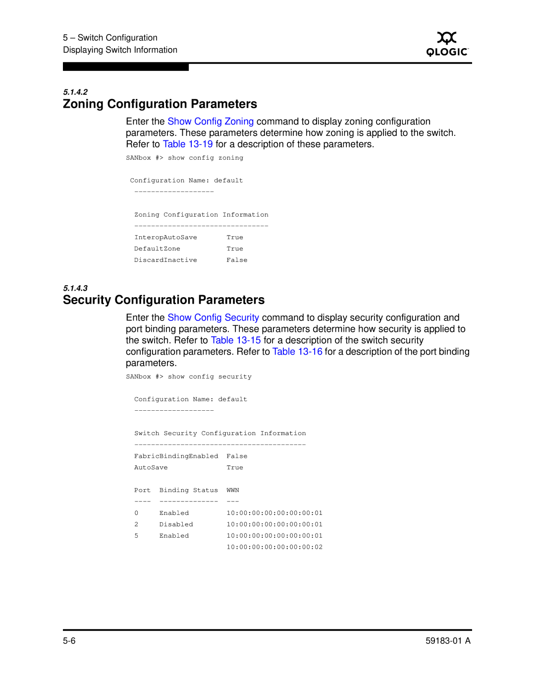 Q-Logic 5602 manual Zoning Configuration Parameters, Security Configuration Parameters 