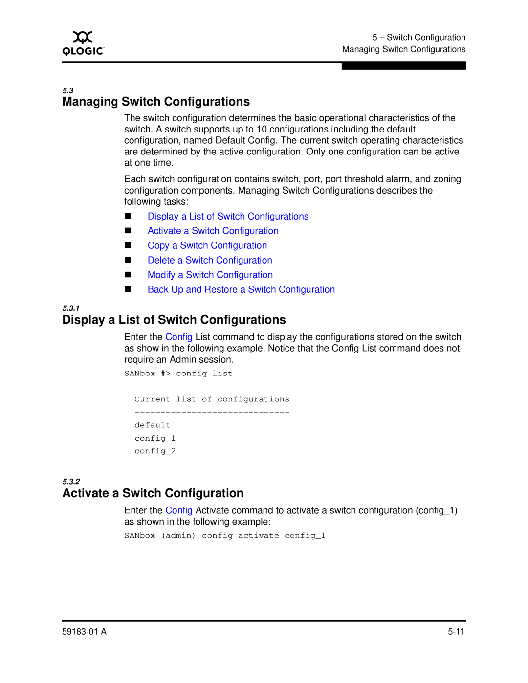 Q-Logic 5602 Managing Switch Configurations, Display a List of Switch Configurations, Activate a Switch Configuration 