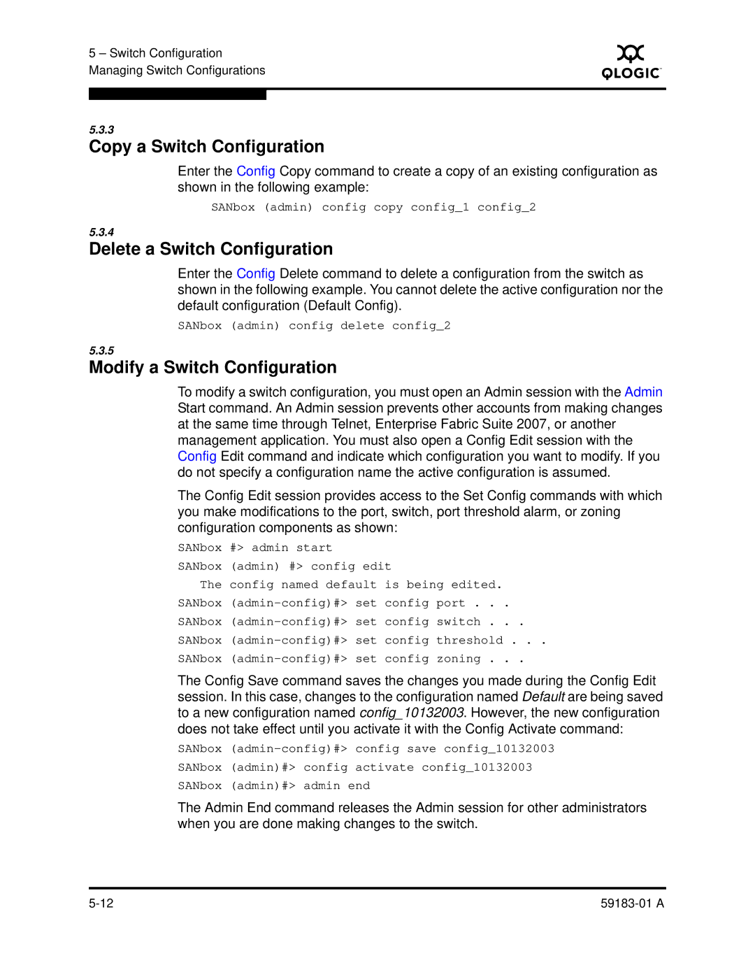 Q-Logic 5602 manual Copy a Switch Configuration, Delete a Switch Configuration, Modify a Switch Configuration 