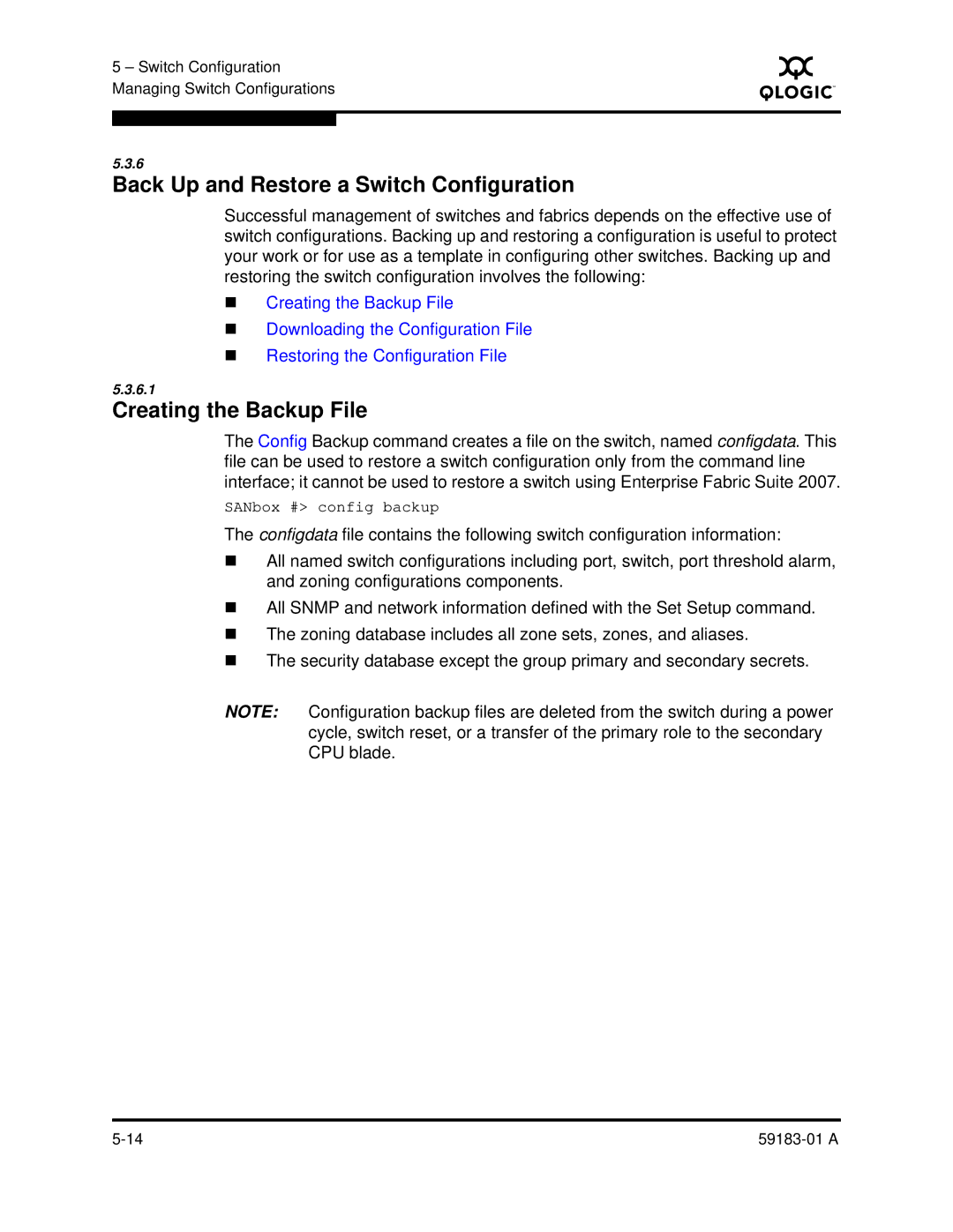 Q-Logic 5602 manual Back Up and Restore a Switch Configuration, Creating the Backup File 