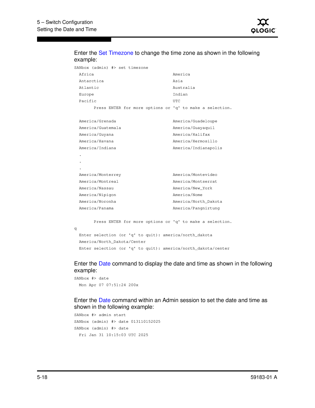 Q-Logic 5602 manual Switch Configuration Setting the Date and Time 