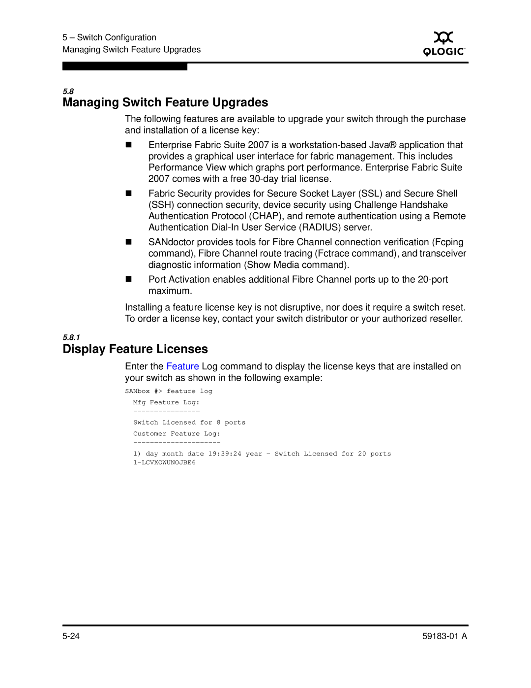 Q-Logic 5602 manual Managing Switch Feature Upgrades, Display Feature Licenses 