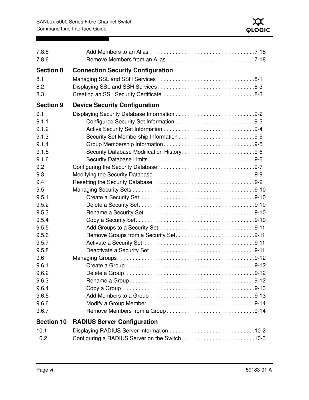 Q-Logic 5602 manual Connection Security Configuration, Section Device Security Configuration, Radius Server Configuration 