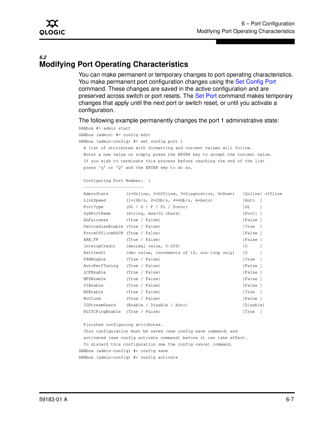 Q-Logic 5602 manual Modifying Port Operating Characteristics, Set config port 