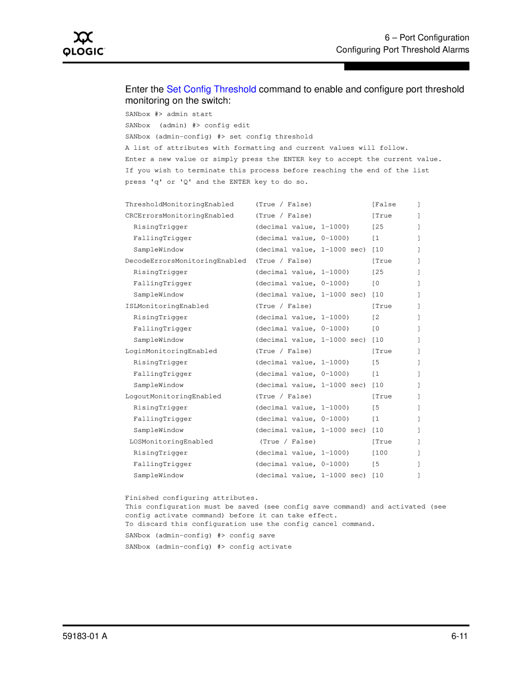 Q-Logic 5602 manual SANbox admin-config # set config threshold 