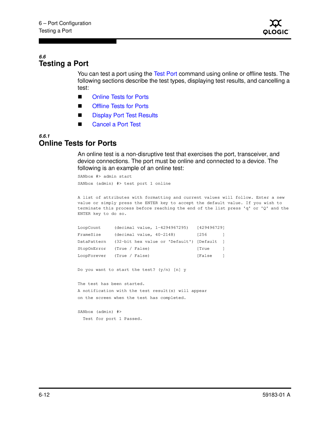 Q-Logic 5602 manual Testing a Port, Online Tests for Ports 