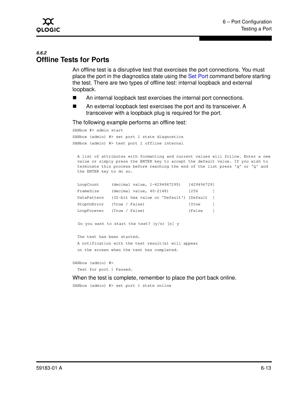 Q-Logic 5602 manual Offline Tests for Ports 