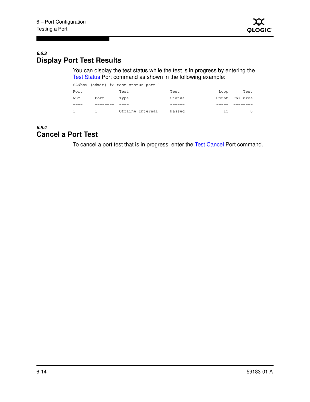 Q-Logic 5602 manual Display Port Test Results, Cancel a Port Test 