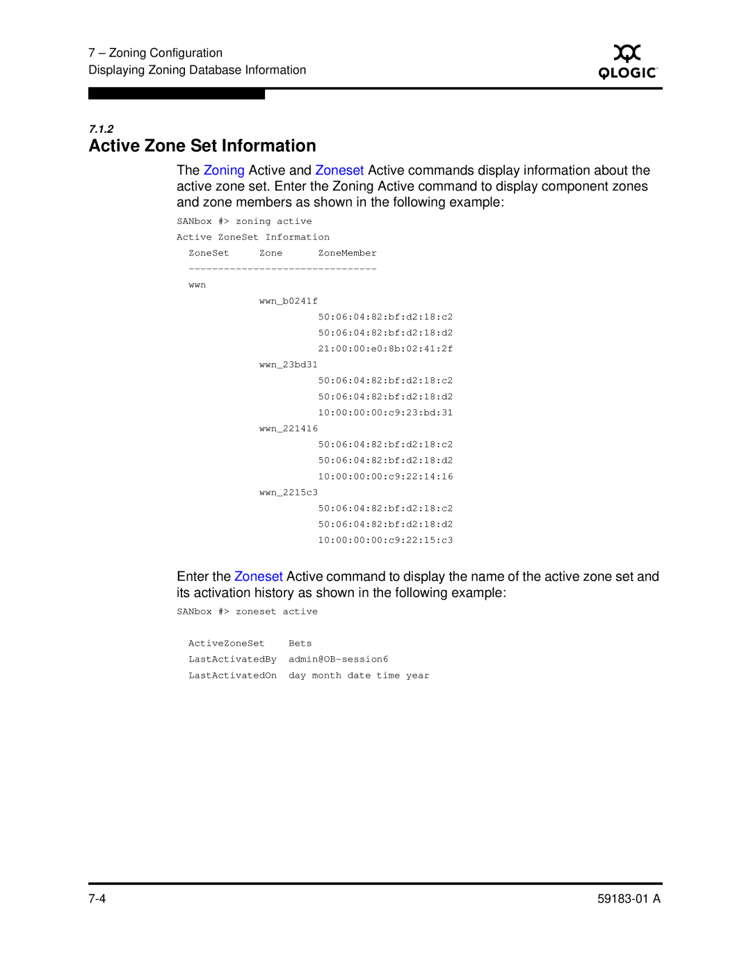 Q-Logic 5602 manual Active Zone Set Information 