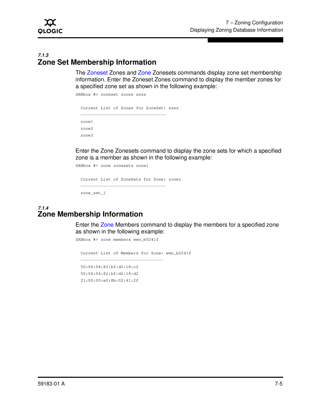 Q-Logic 5602 manual Zone Set Membership Information, Zone Membership Information 