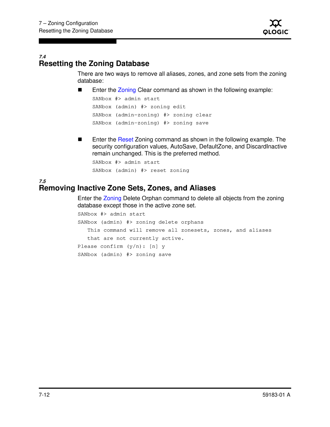 Q-Logic 5602 manual Resetting the Zoning Database, Removing Inactive Zone Sets, Zones, and Aliases 