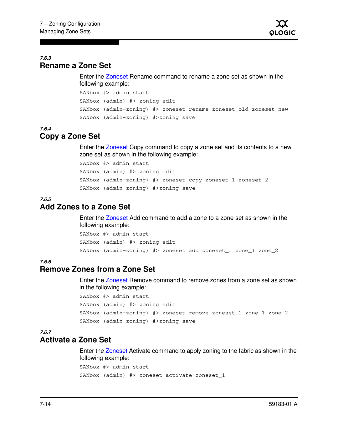 Q-Logic 5602 manual Rename a Zone Set, Copy a Zone Set, Add Zones to a Zone Set, Remove Zones from a Zone Set 