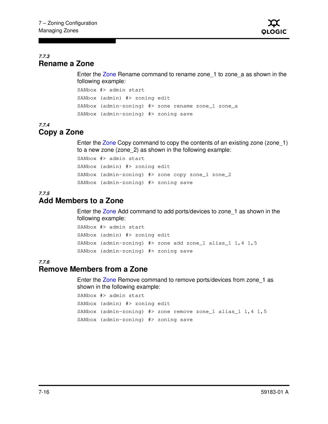 Q-Logic 5602 manual Rename a Zone, Copy a Zone, Add Members to a Zone, Remove Members from a Zone 