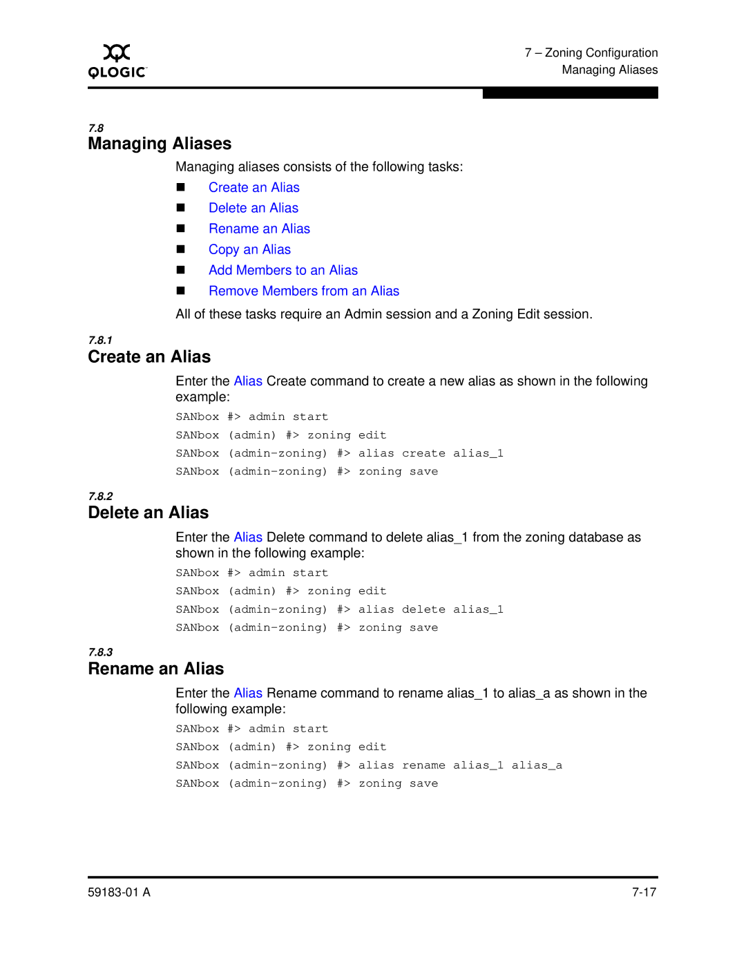 Q-Logic 5602 manual Managing Aliases, Create an Alias, Delete an Alias, Rename an Alias 