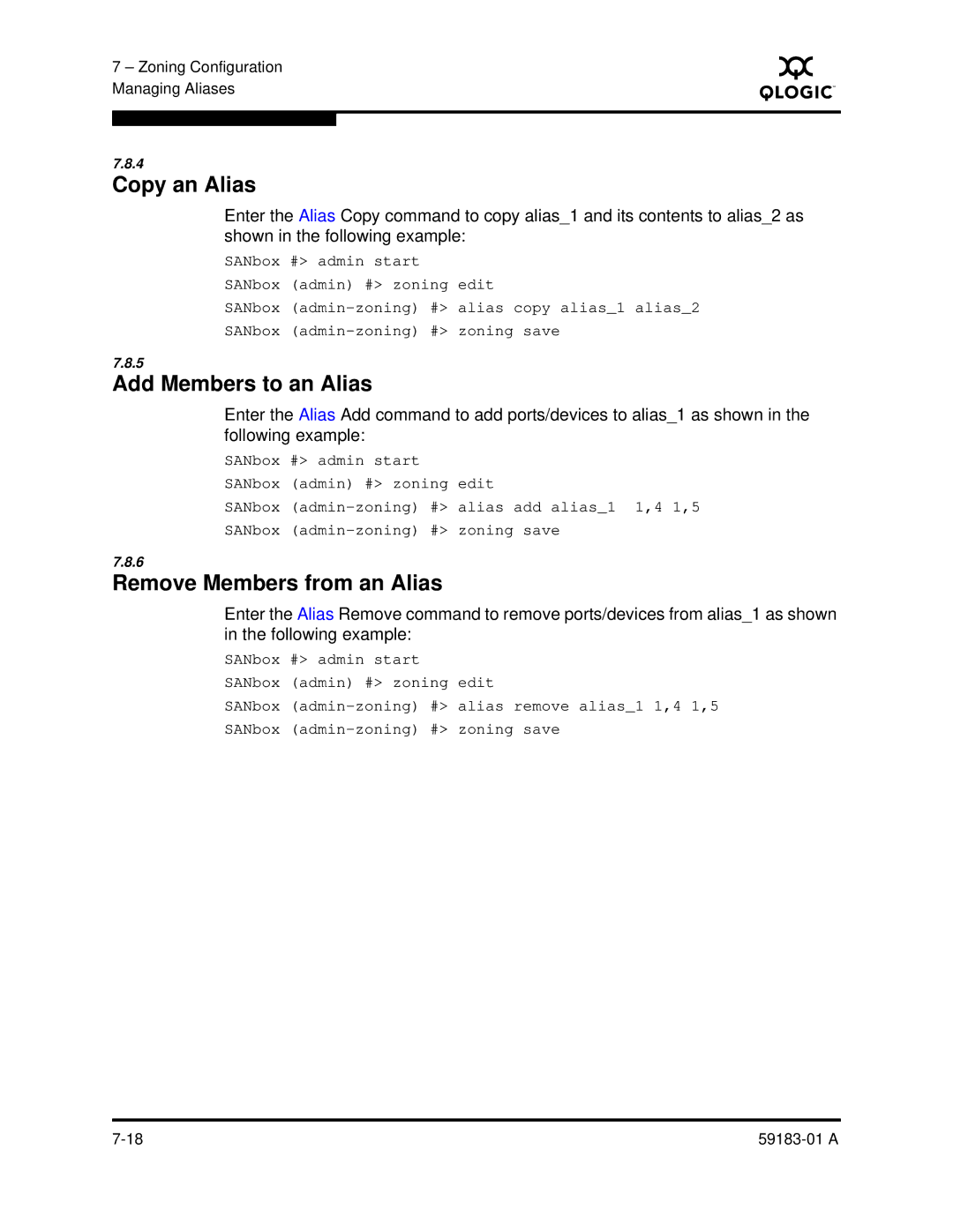 Q-Logic 5602 manual Copy an Alias, Add Members to an Alias, Remove Members from an Alias 