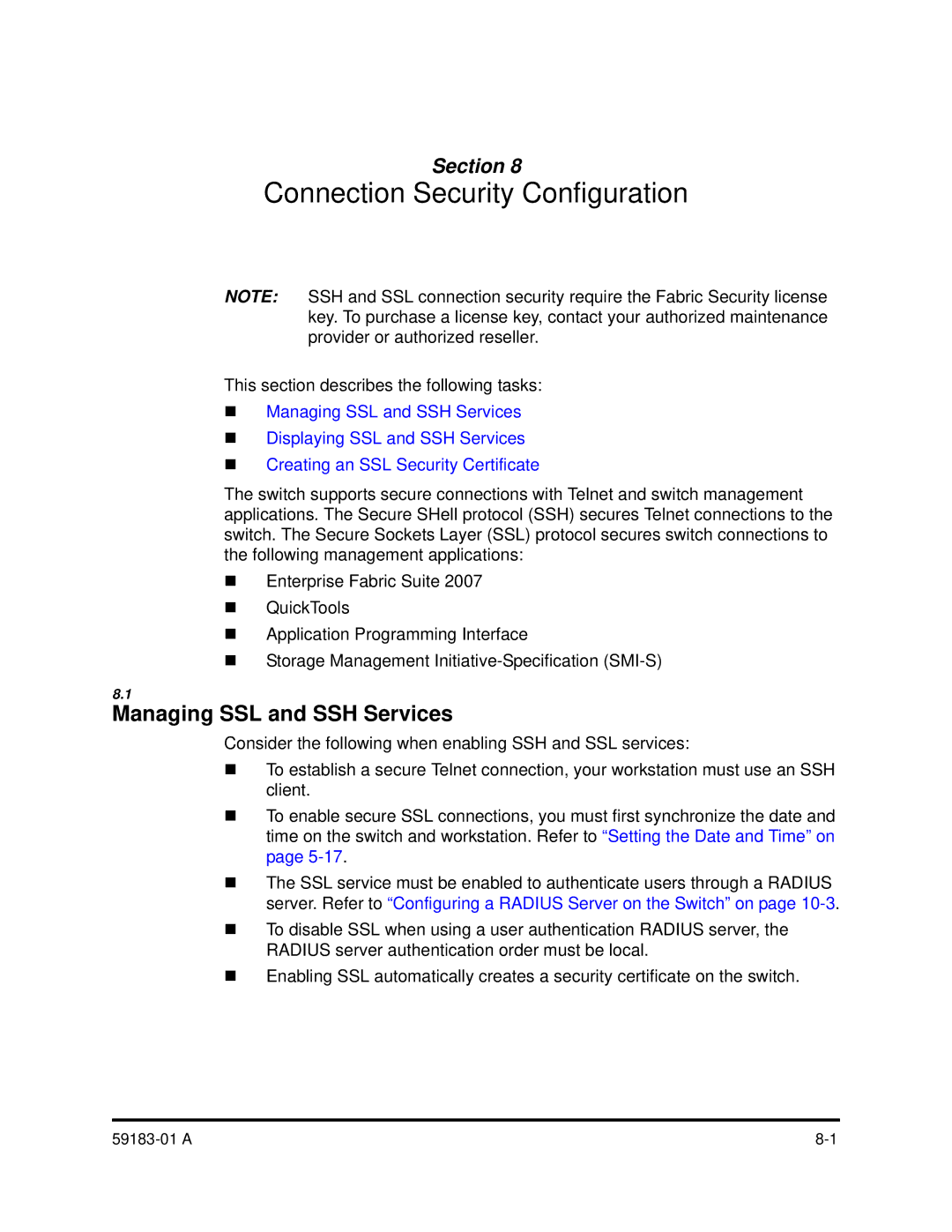 Q-Logic 5602 manual Connection Security Configuration, Managing SSL and SSH Services 