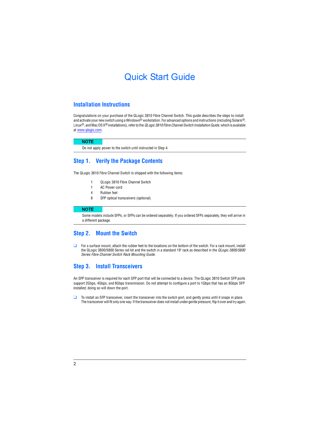 Q-Logic 5800 quick start Installation Instructions, Verify the Package Contents, Mount the Switch, Install Transceivers 