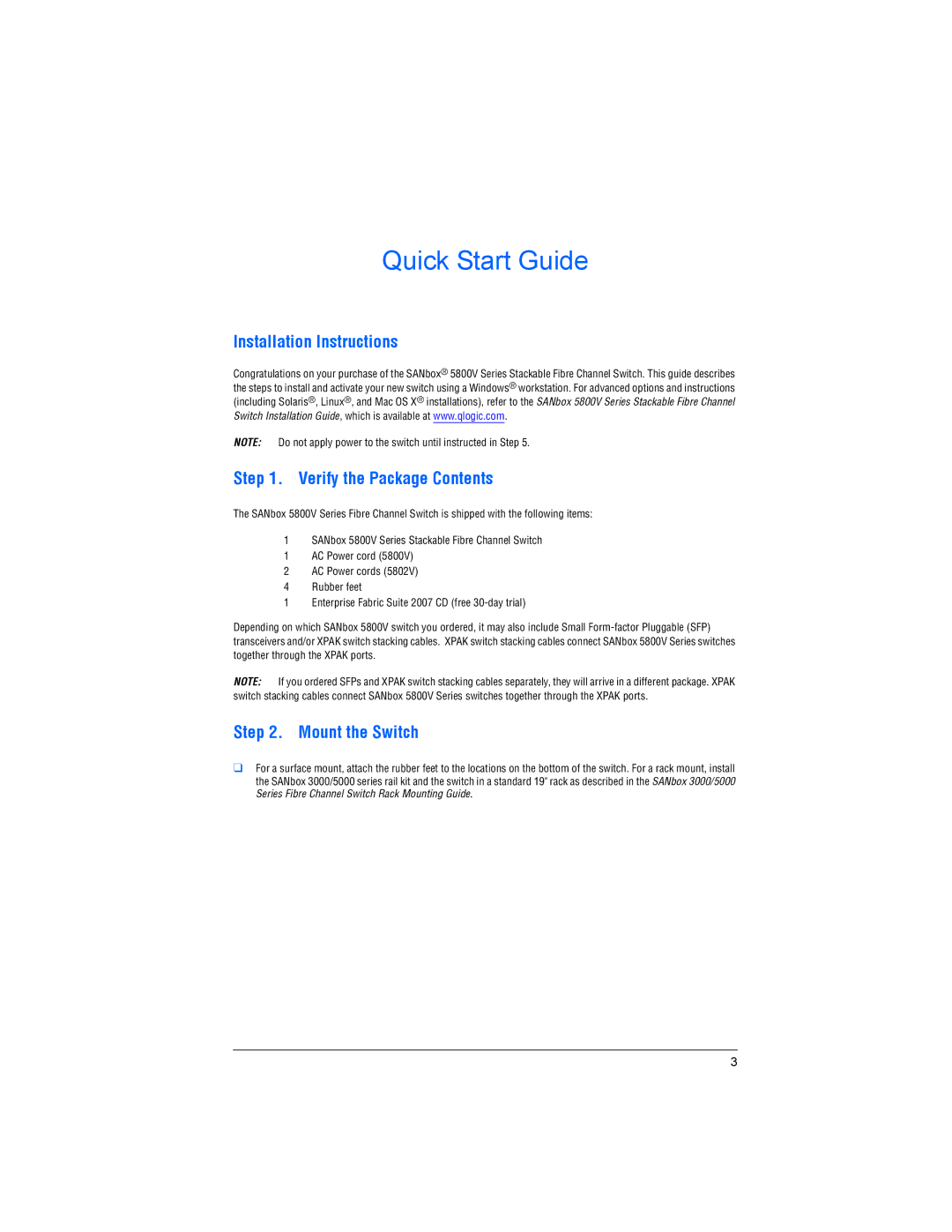 Q-Logic 5800V SERIES quick start Installation Instructions Verify the Package Contents, Mount the Switch 