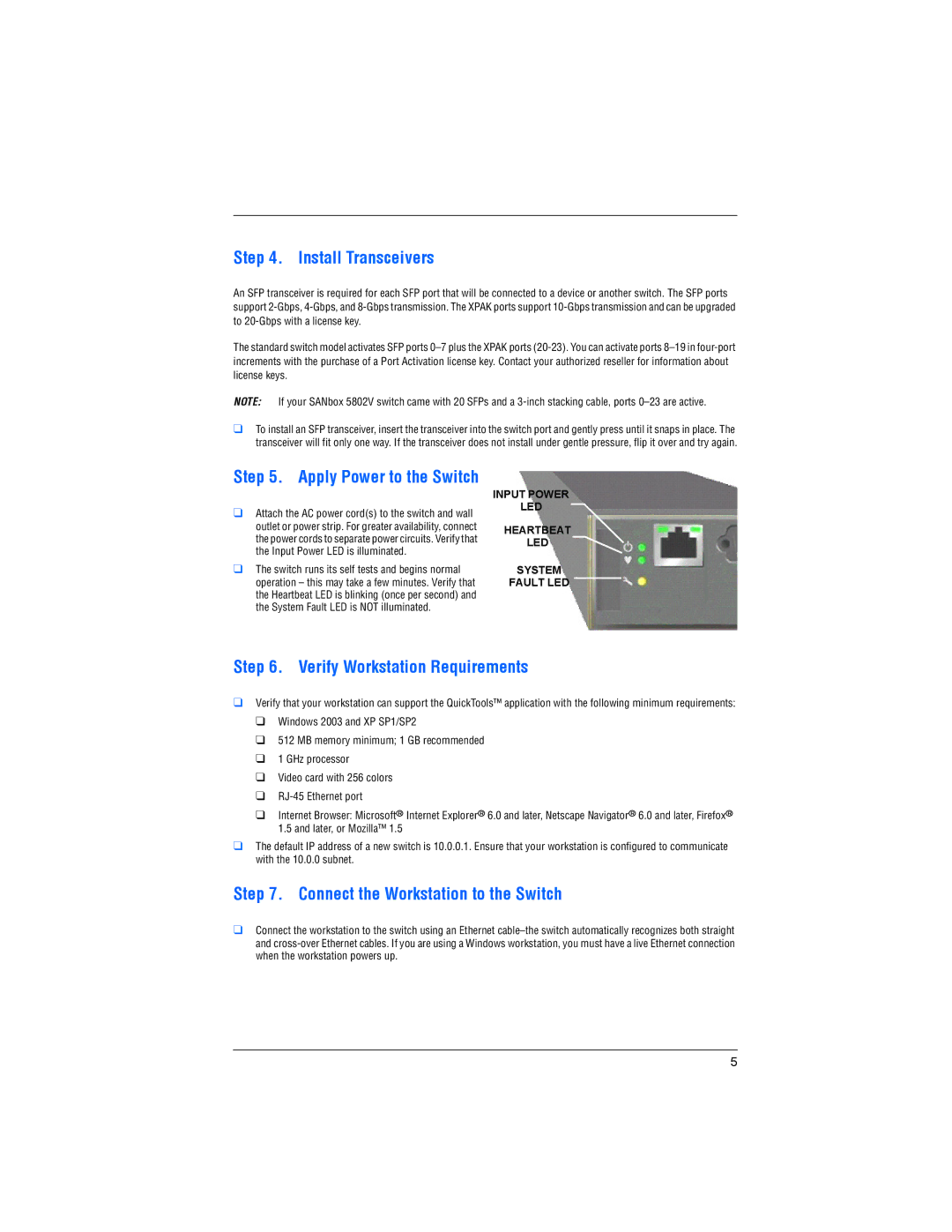 Q-Logic 5800V SERIES Install Transceivers, Verify Workstation Requirements, Connect the Workstation to the Switch 