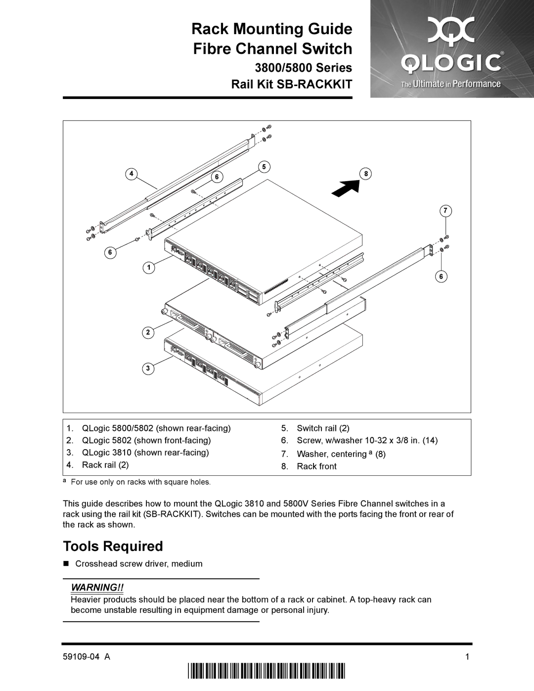 Q-Logic 3800, 5802 manual Rack Mounting Guide Fibre Channel Switch, Tools Required 