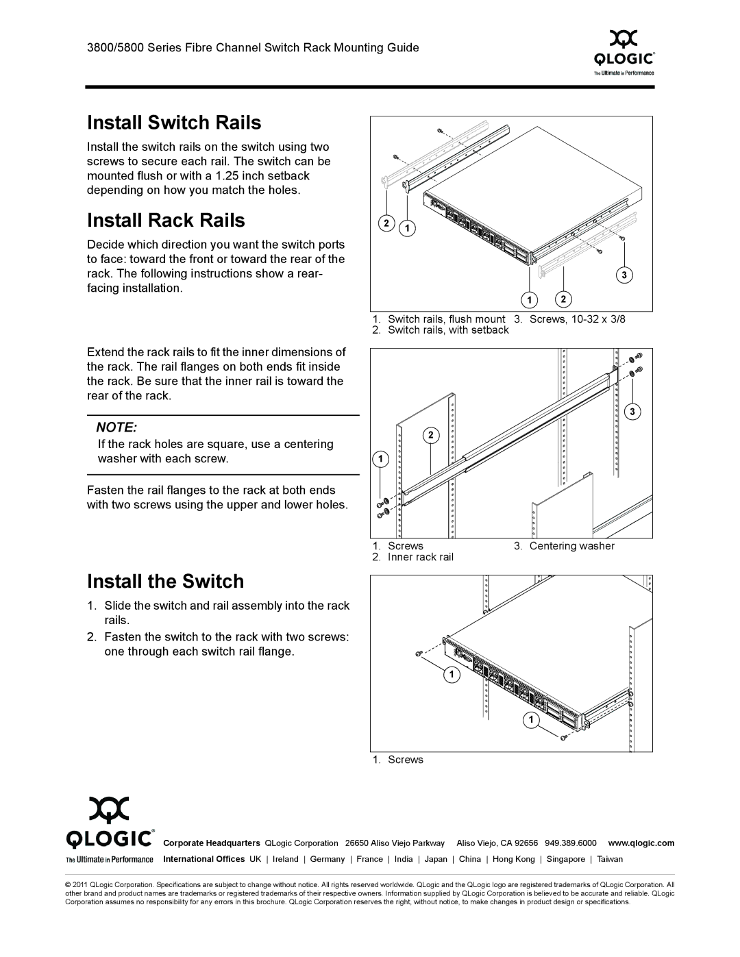 Q-Logic 5802, 3800 manual Install Switch Rails, Install Rack Rails, Install the Switch 