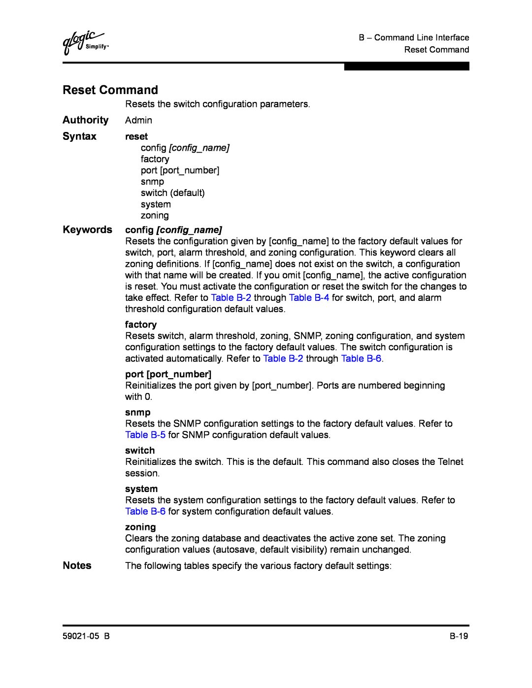 Q-Logic 59021-05 B manual Reset Command, config configname, Authority, Syntax, Keywords 