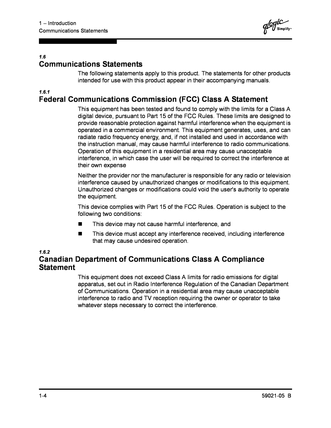 Q-Logic 59021-05 B manual Communications Statements, Federal Communications Commission FCC Class A Statement 