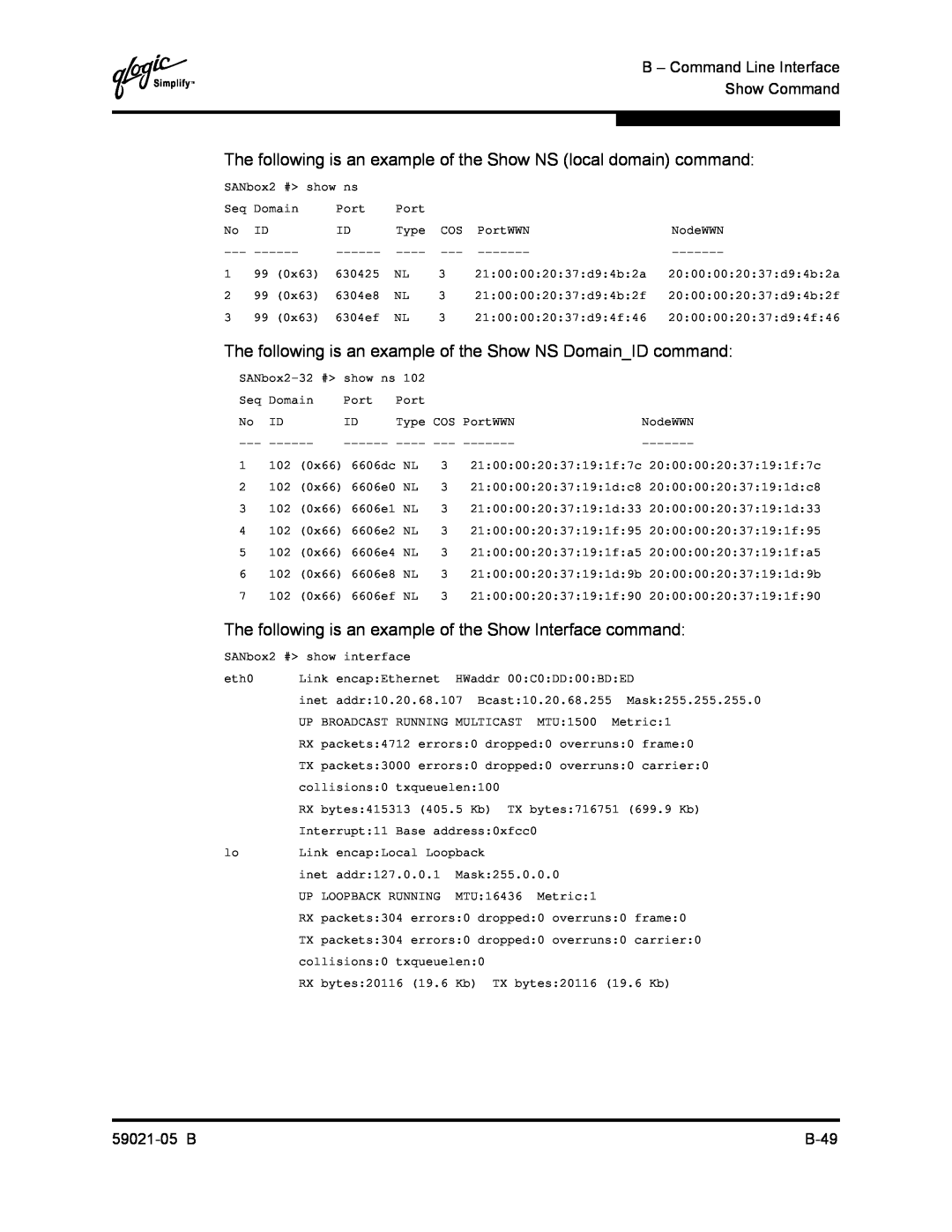 Q-Logic 59021-05 B manual The following is an example of the Show NS local domain command 