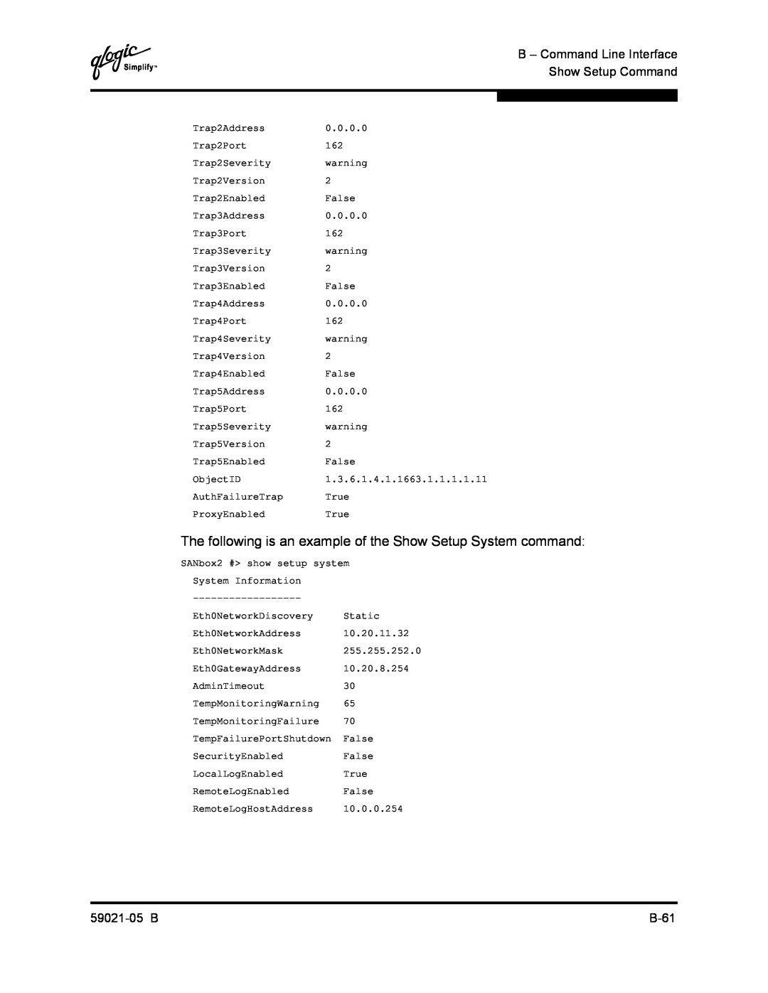 Q-Logic 59021-05 B manual The following is an example of the Show Setup System command 